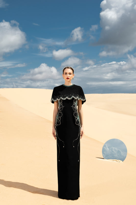 Black Gown with Embroidered Cape and Floral Details