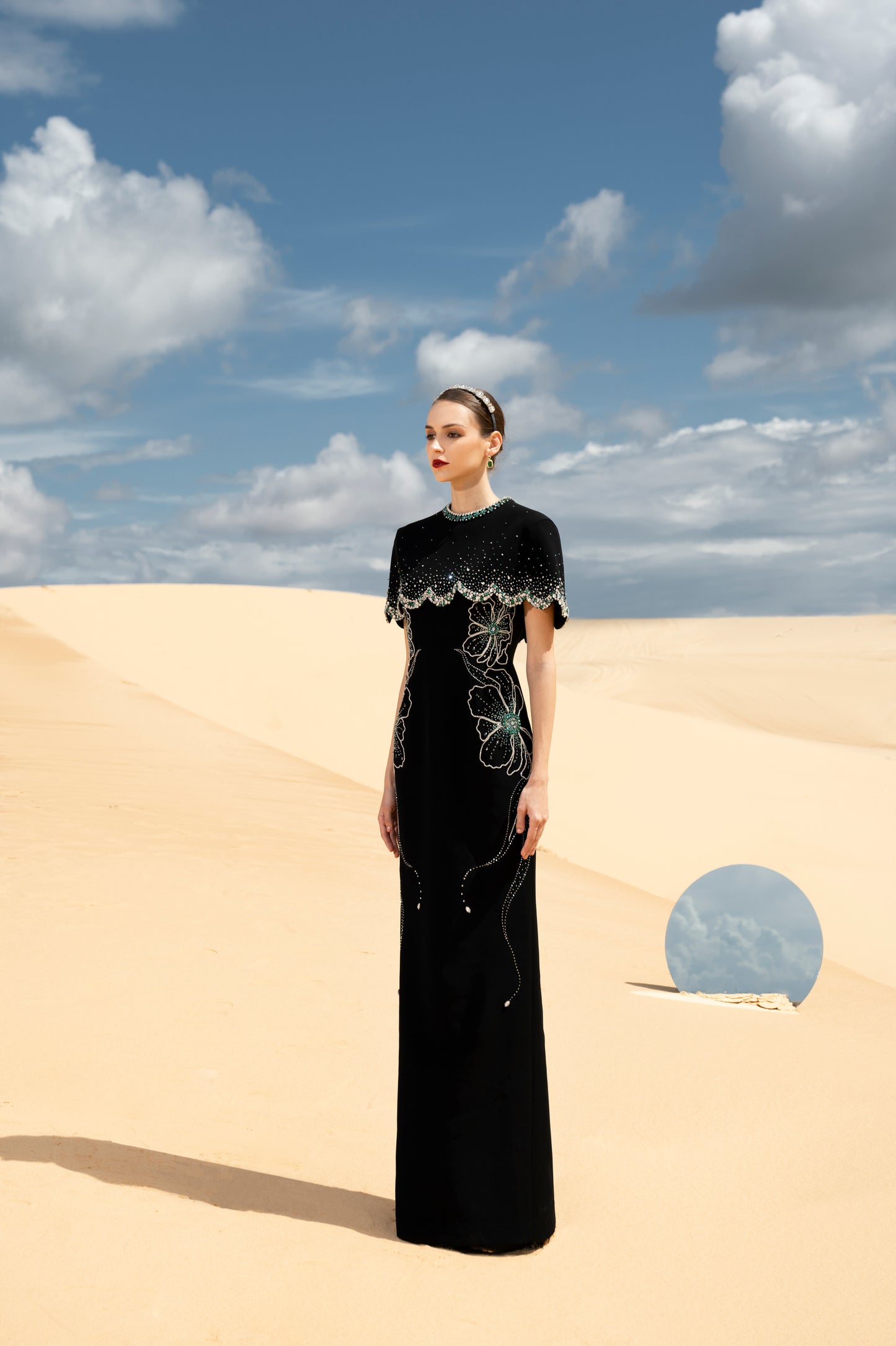 Black Gown with Embroidered Cape and Floral Details