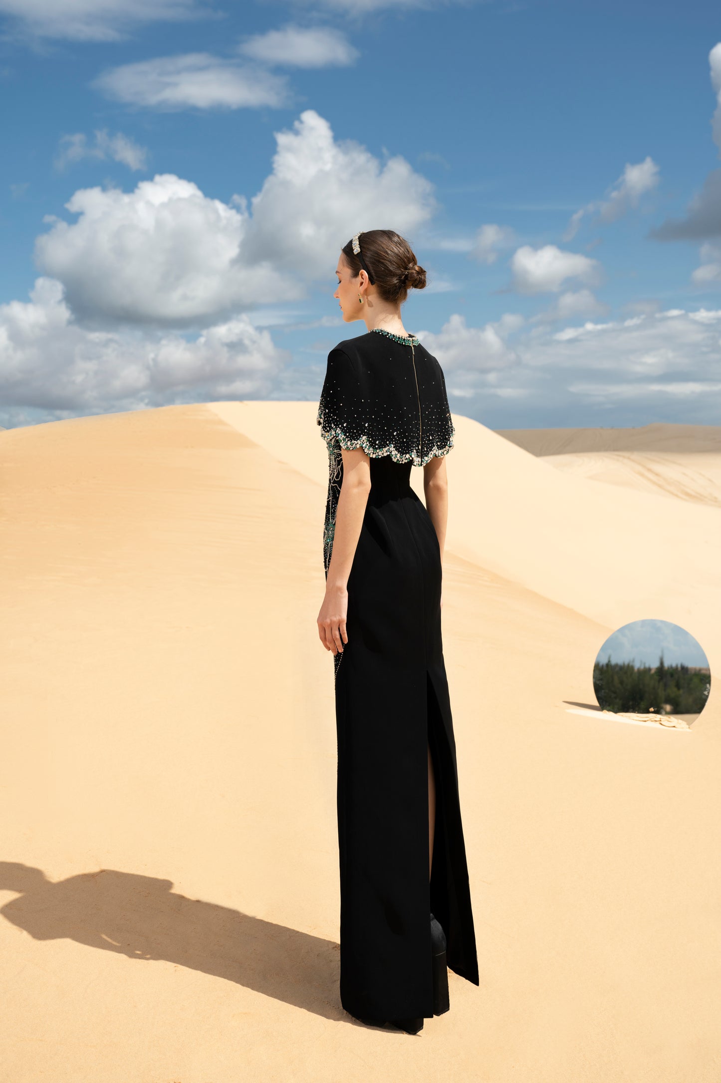 Black Gown with Embroidered Cape and Floral Details