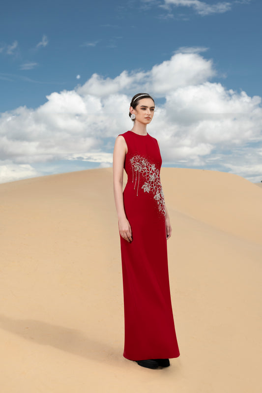 Red Maxi Dress with Floral Embroidery for Formal Events