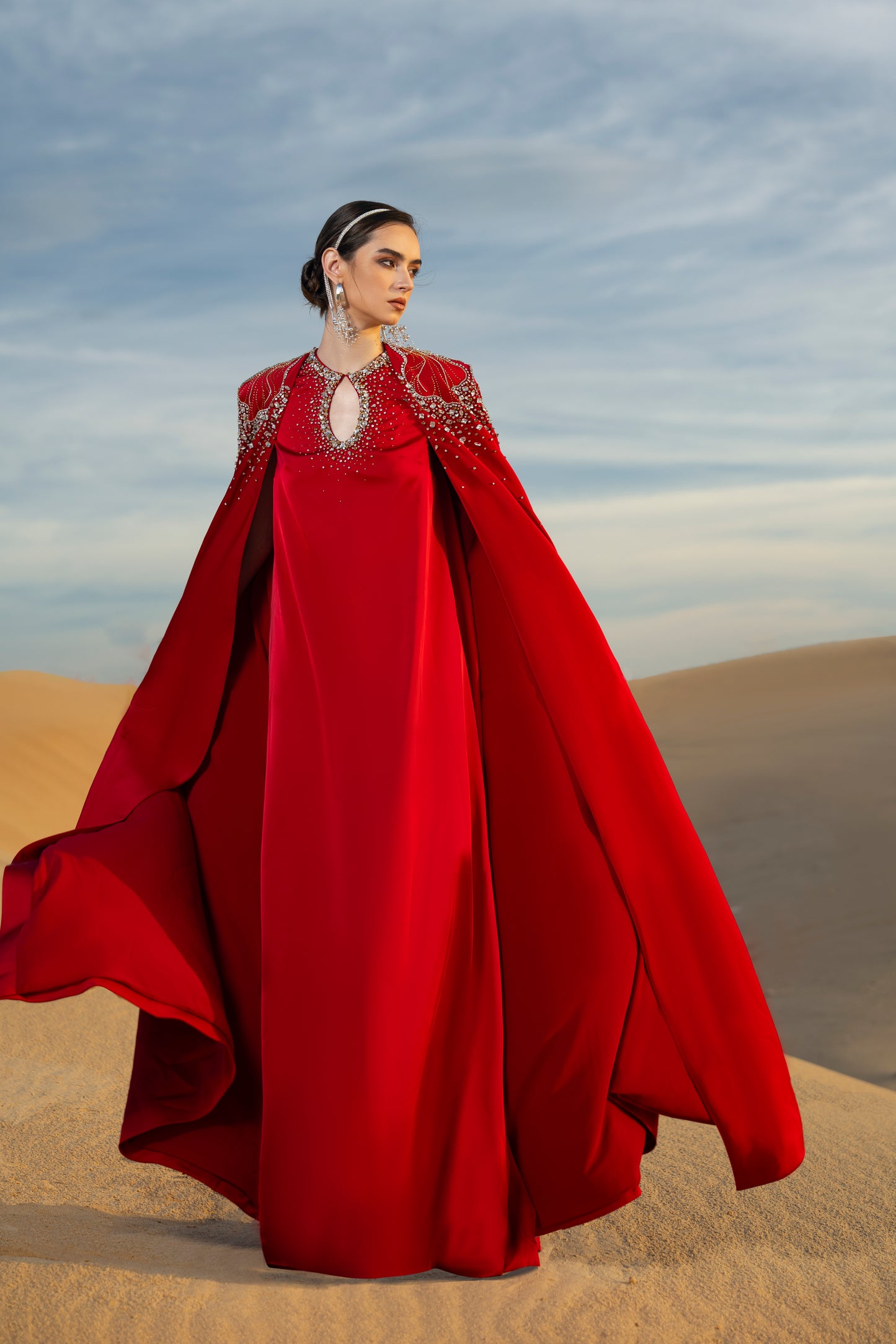 Red Embellished Kaftan Gown with Pearl Detailing
