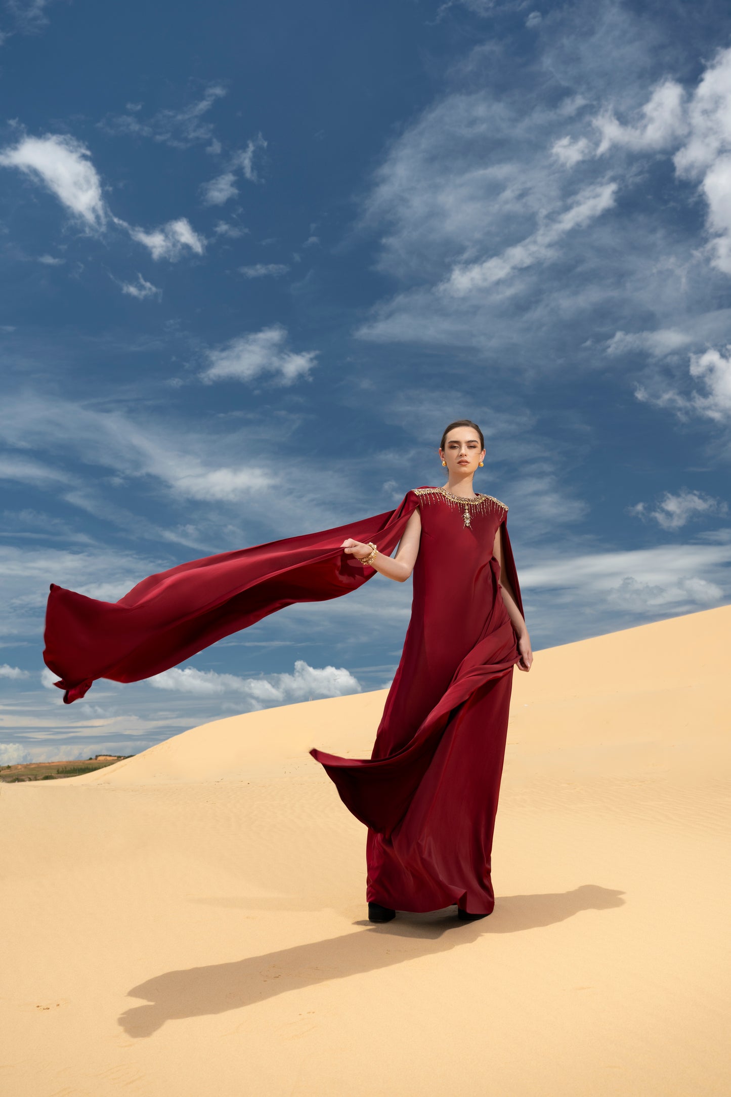 Burgundy Cape Sleeve Maxi Dress with Gold Embellishments