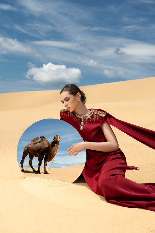 Burgundy Cape Sleeve Maxi Dress with Gold Embellishments