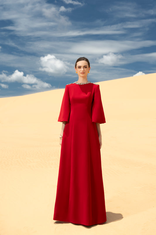 Minimalist Red A-Line Dress with Beaded Neckline