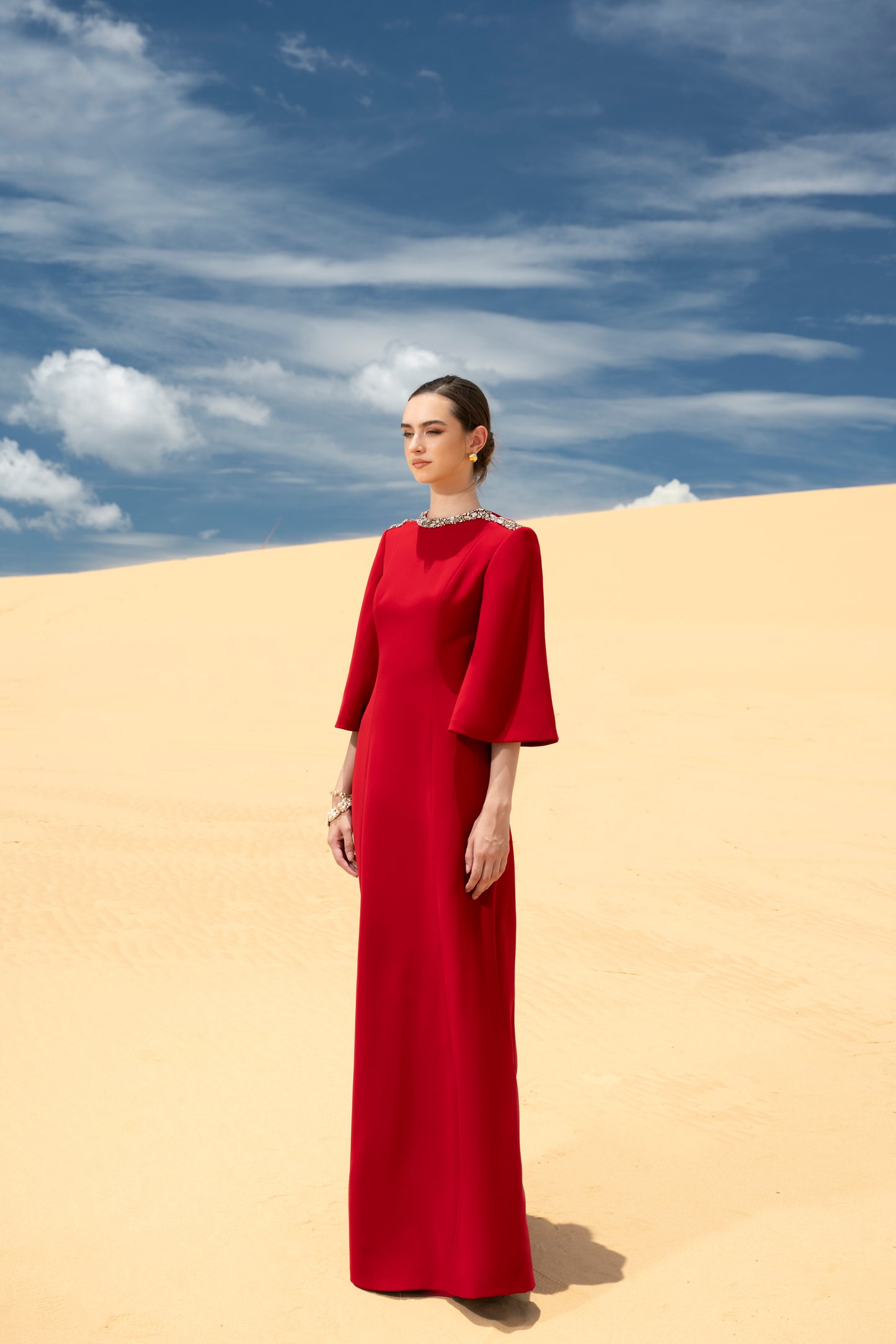 Minimalist Red A-Line Dress with Beaded Neckline