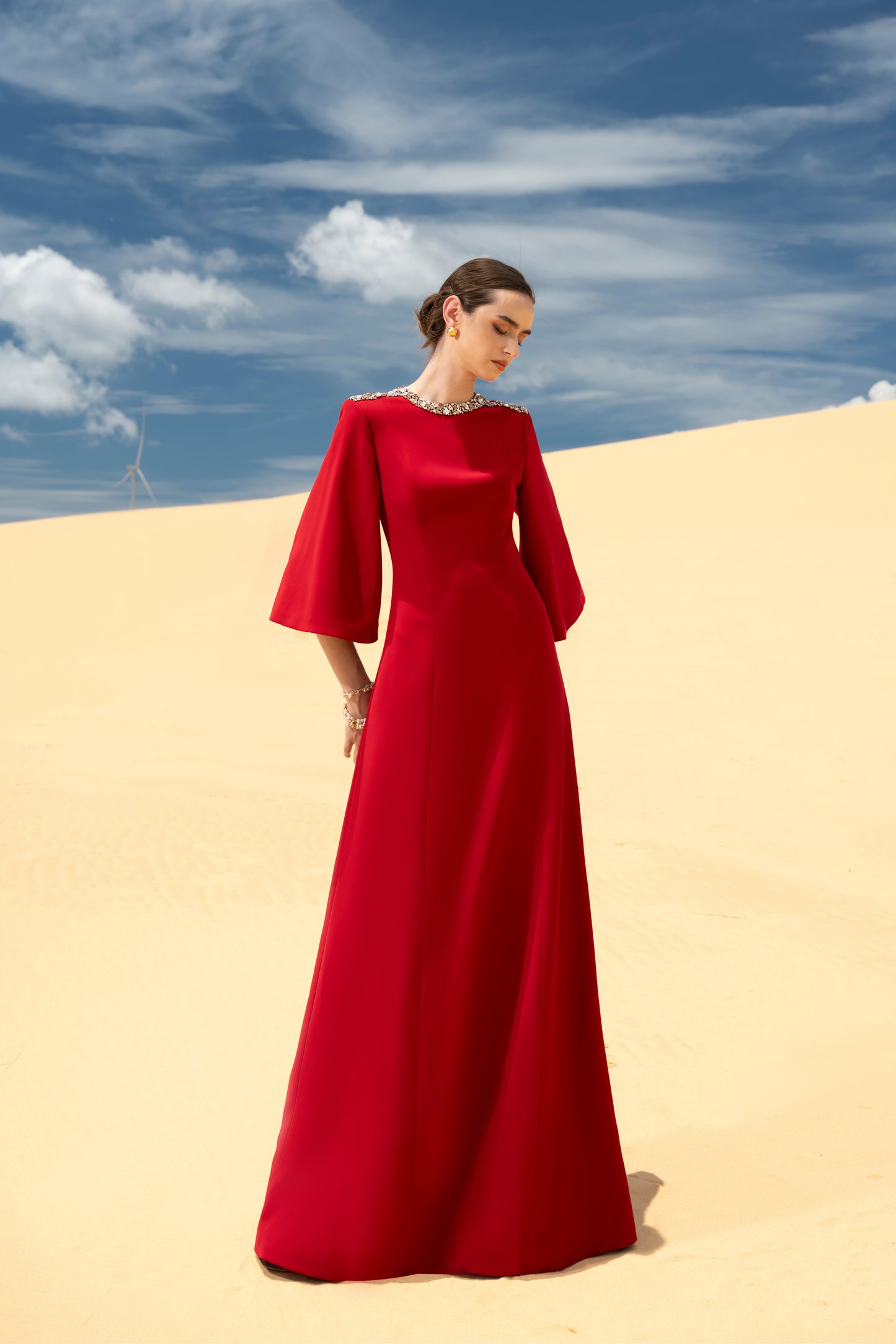 Minimalist Red A-Line Dress with Beaded Neckline