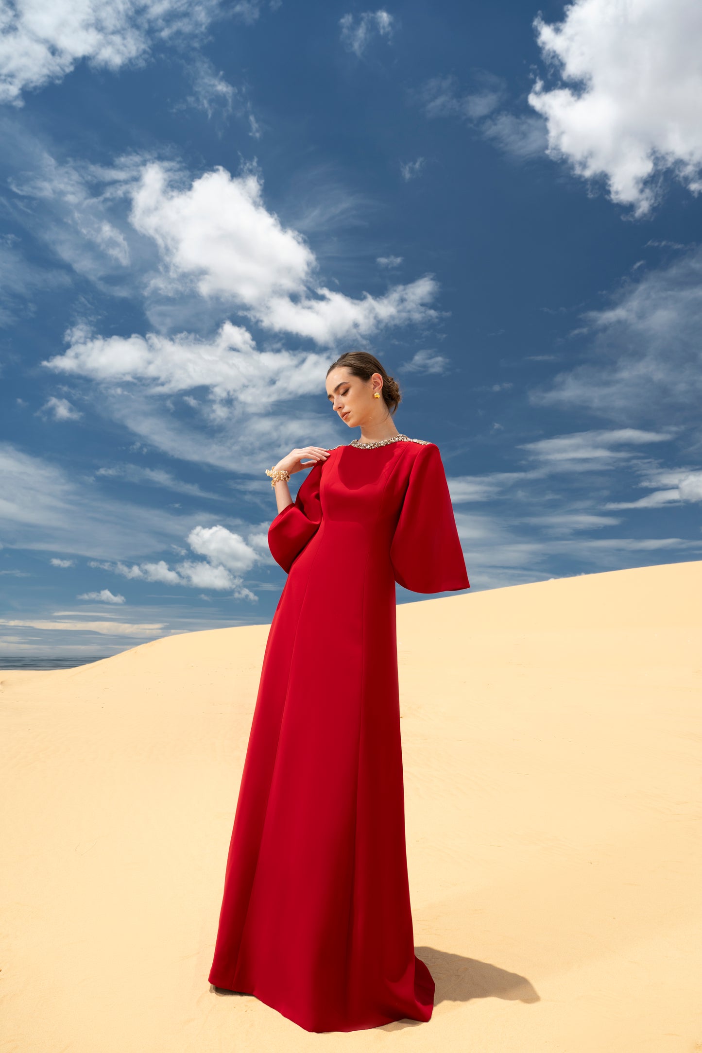 Minimalist Red A-Line Dress with Beaded Neckline