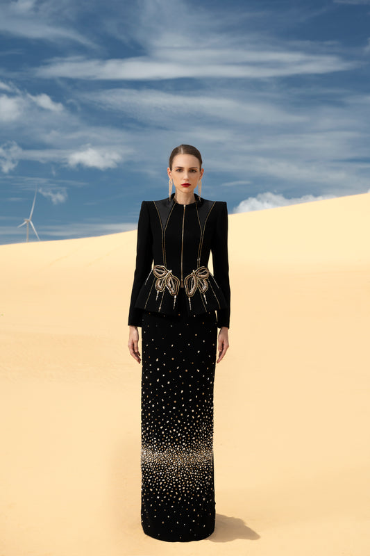Black Embellished Peplum Jacket and Sequin Skirt Evening Gown