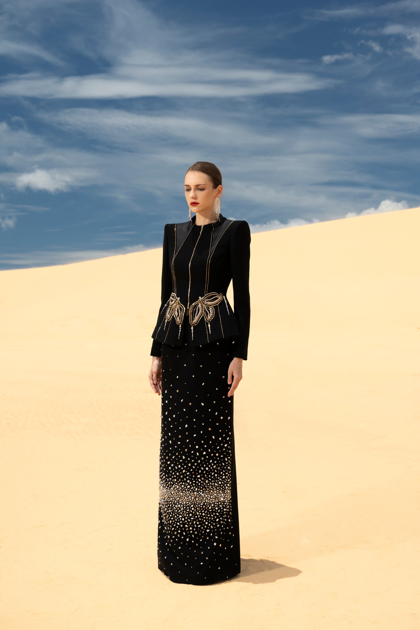 Black Embellished Peplum Jacket and Sequin Skirt Evening Gown