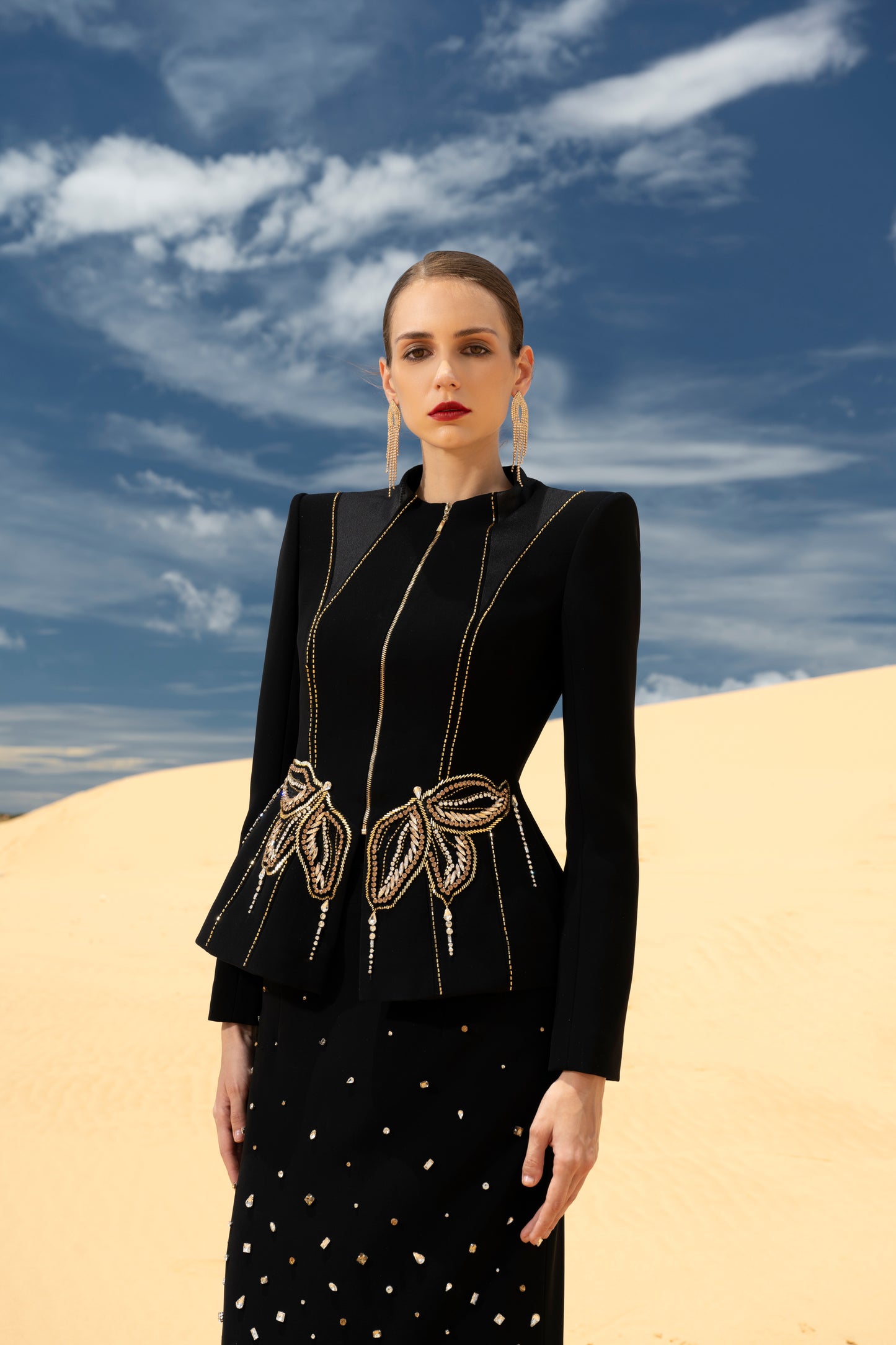 Black Embellished Peplum Jacket and Sequin Skirt Evening Gown