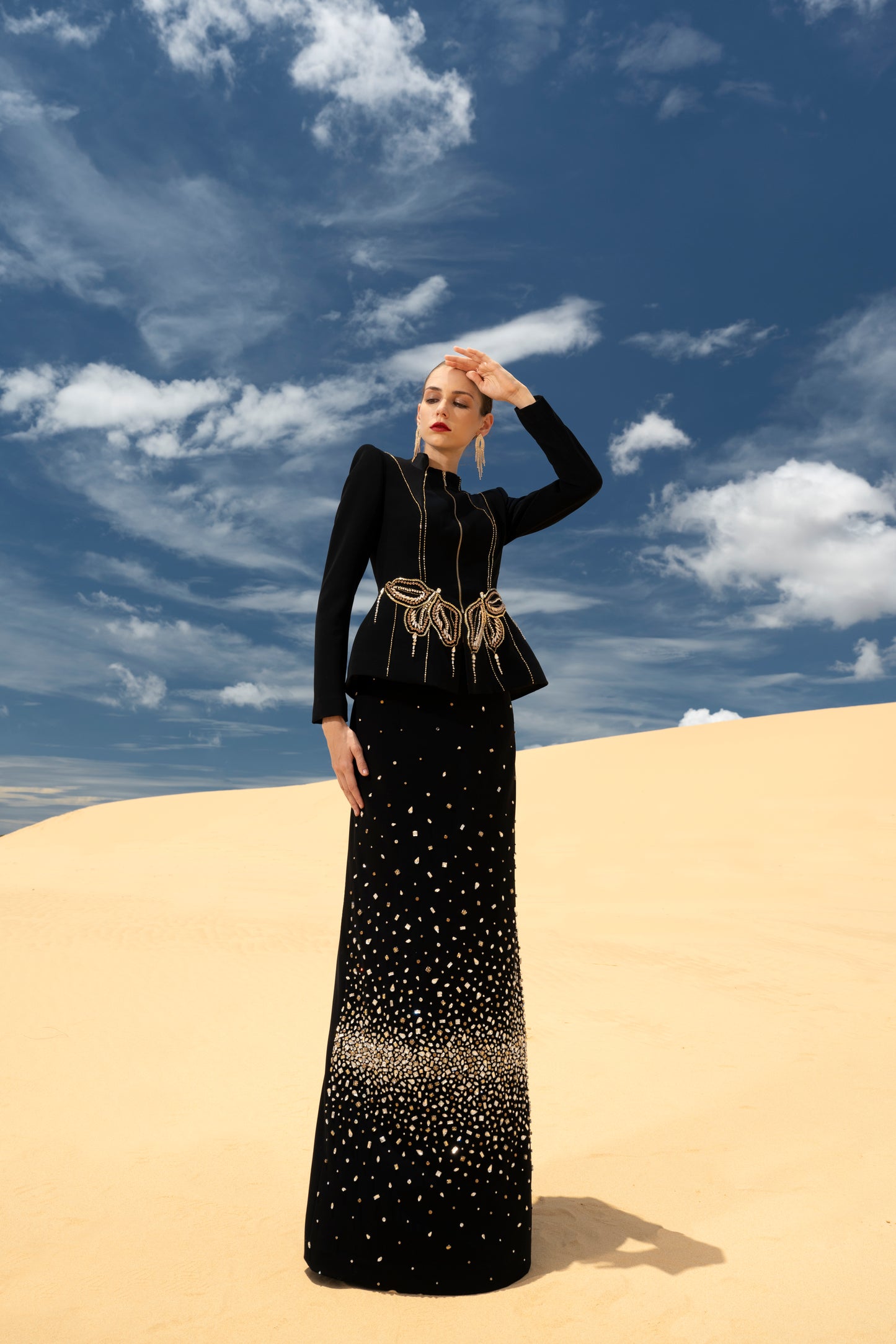 Black Embellished Peplum Jacket and Sequin Skirt Evening Gown