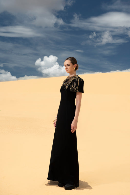Black Cape-Style Evening Gown with Gold Embellishments