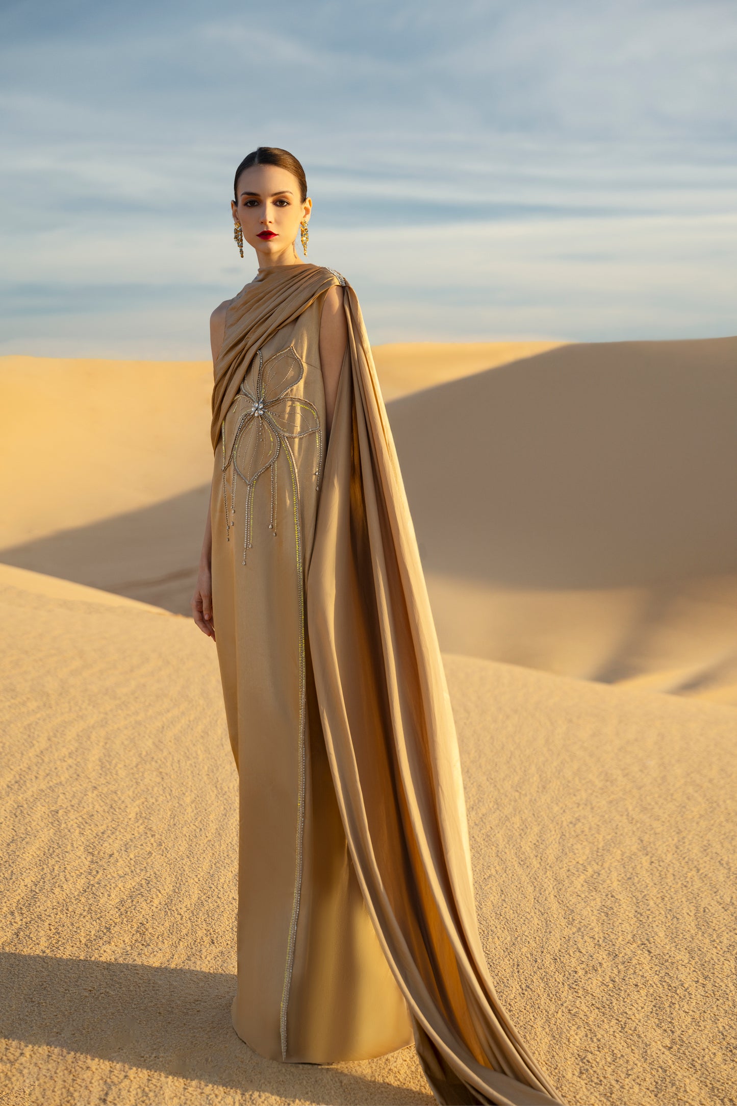 Gold Draped Kaftan Gown with Crystal Floral Embellishment