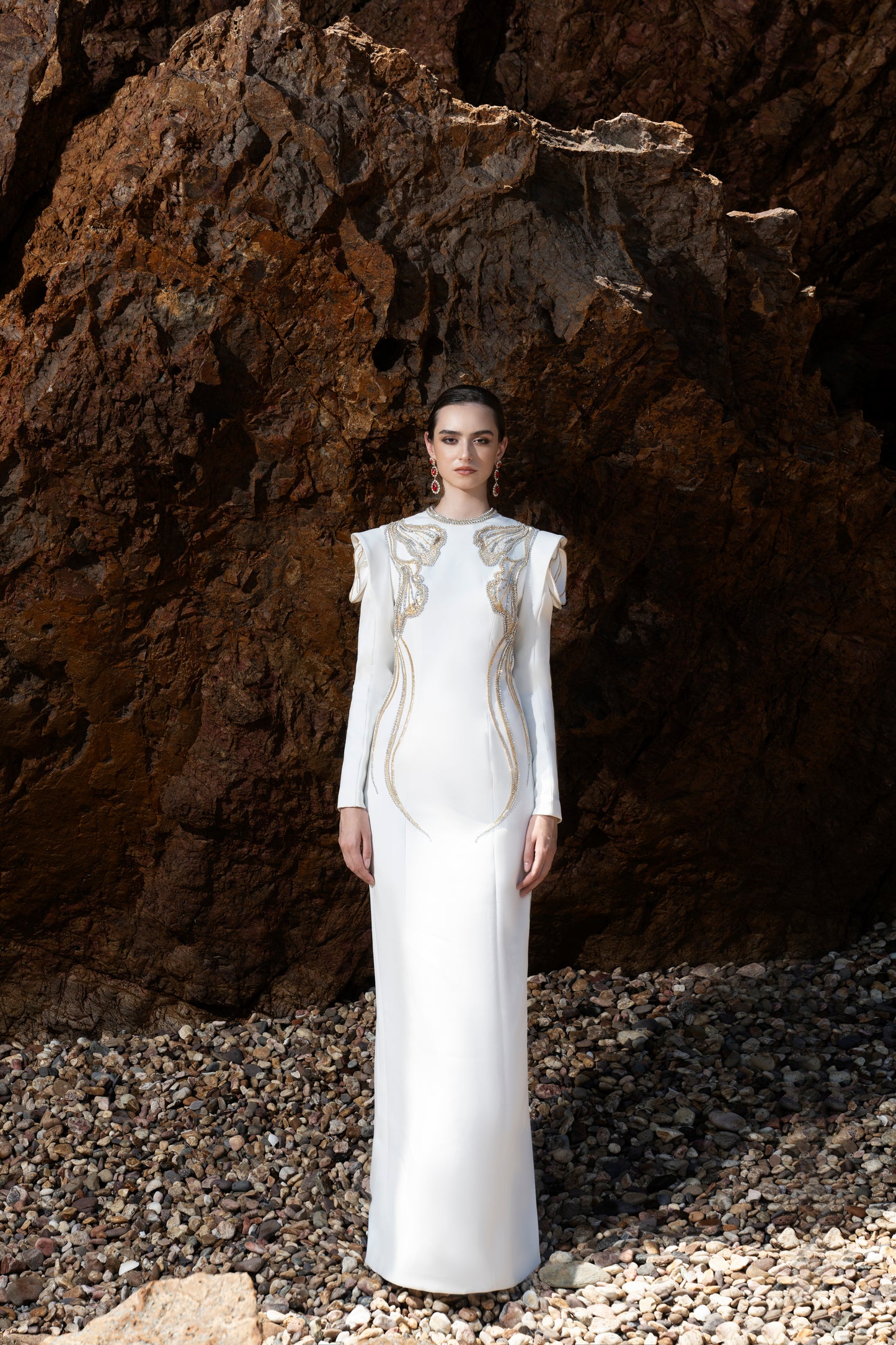 White Long-Sleeve Gown with Intricate Gold Embroidery