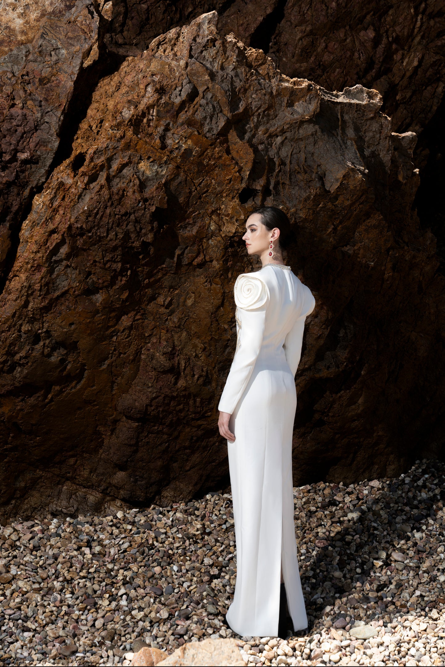 White Long-Sleeve Gown with Intricate Gold Embroidery