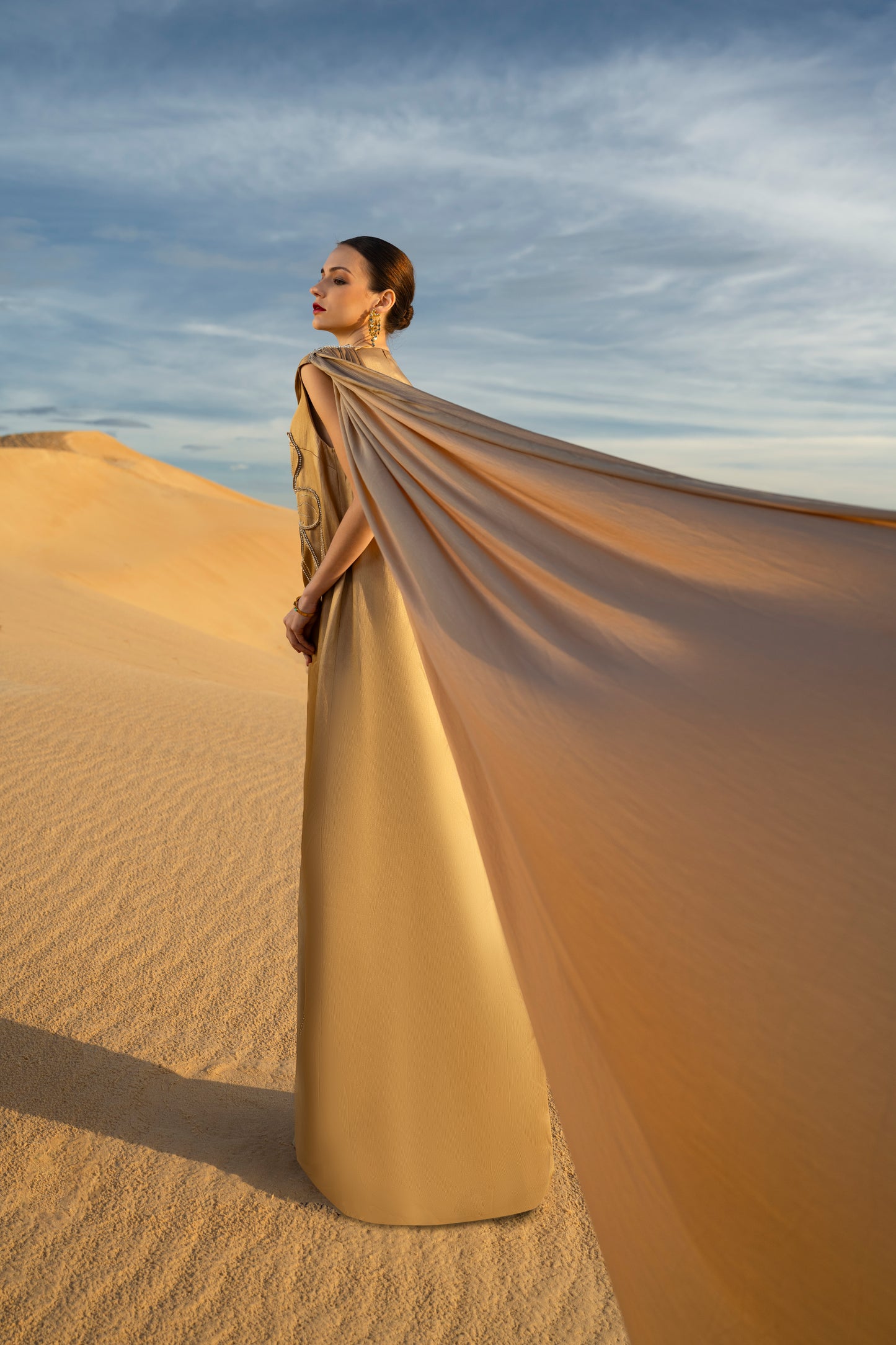 Gold Draped Kaftan Gown with Crystal Floral Embellishment