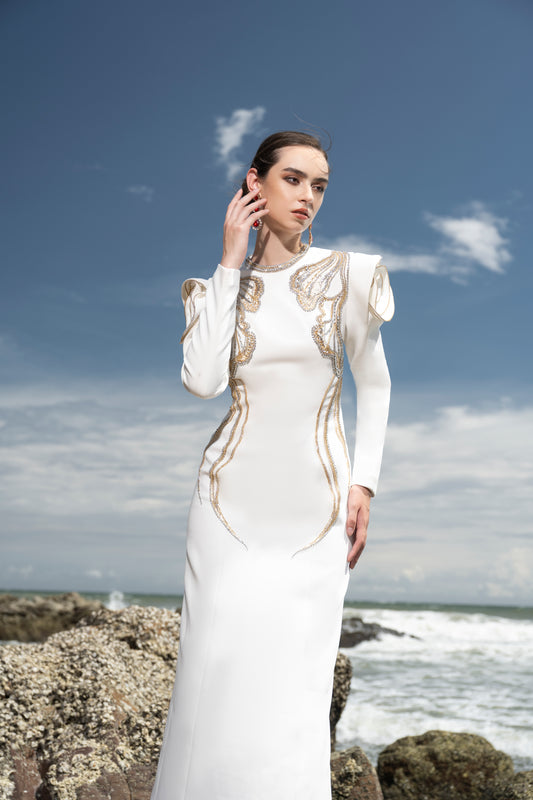 White Long-Sleeve Gown with Intricate Gold Embroidery