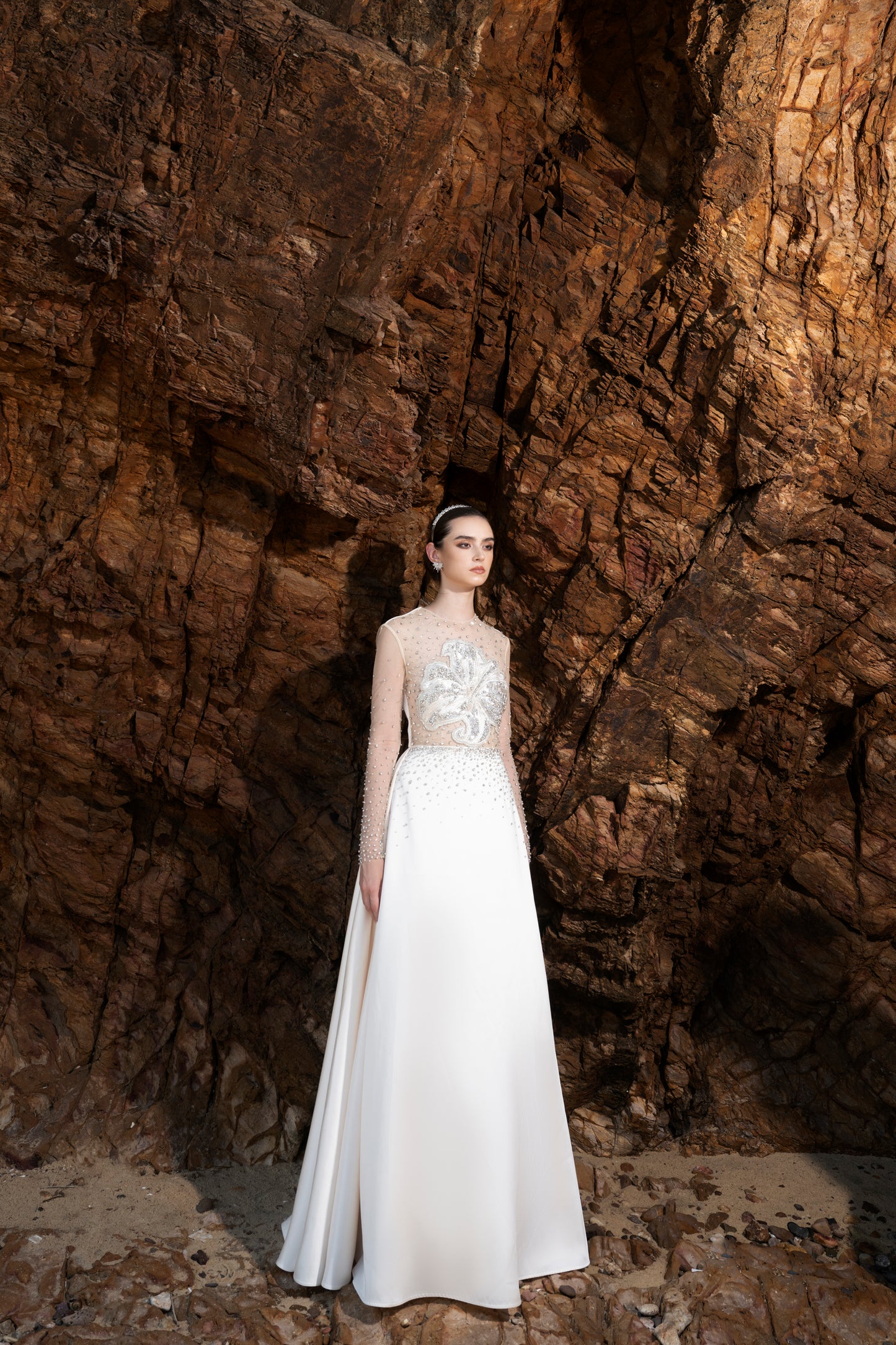 Beaded Long-Sleeve Ivory White Gown with Sheer Illusion Bodice