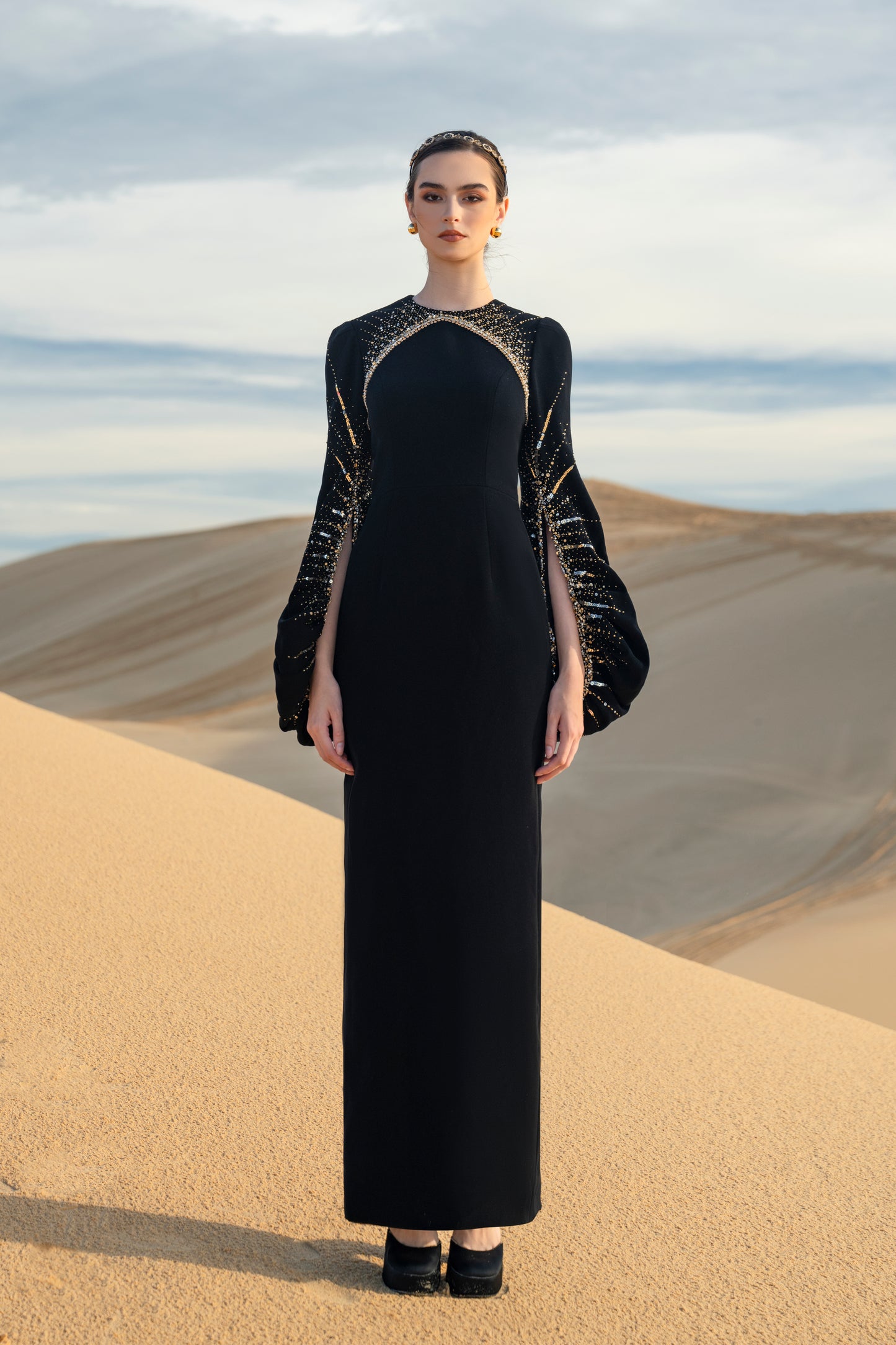 Black Long-Sleeve Gown with Gold Beaded Detailing and Balloon Sleeves