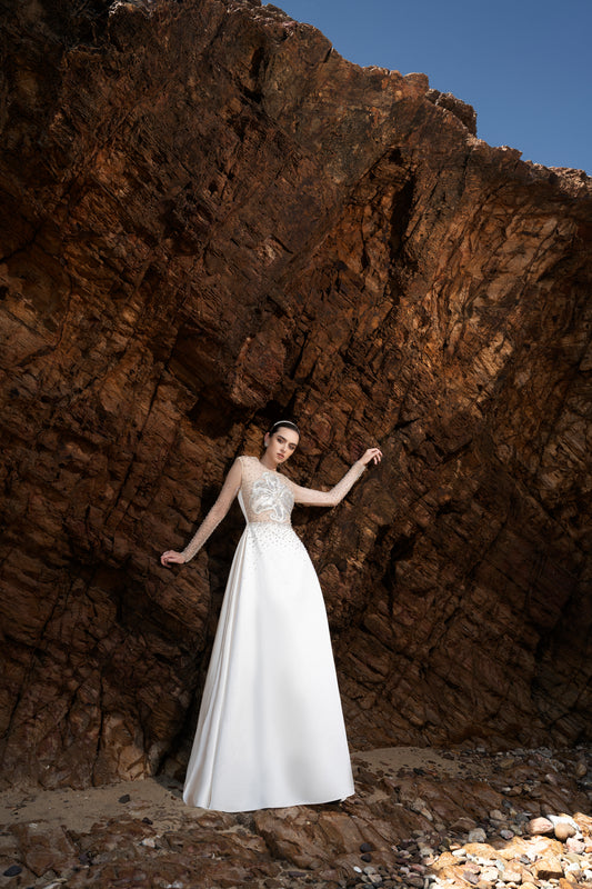 Beaded Long-Sleeve Ivory White Gown with Sheer Illusion Bodice