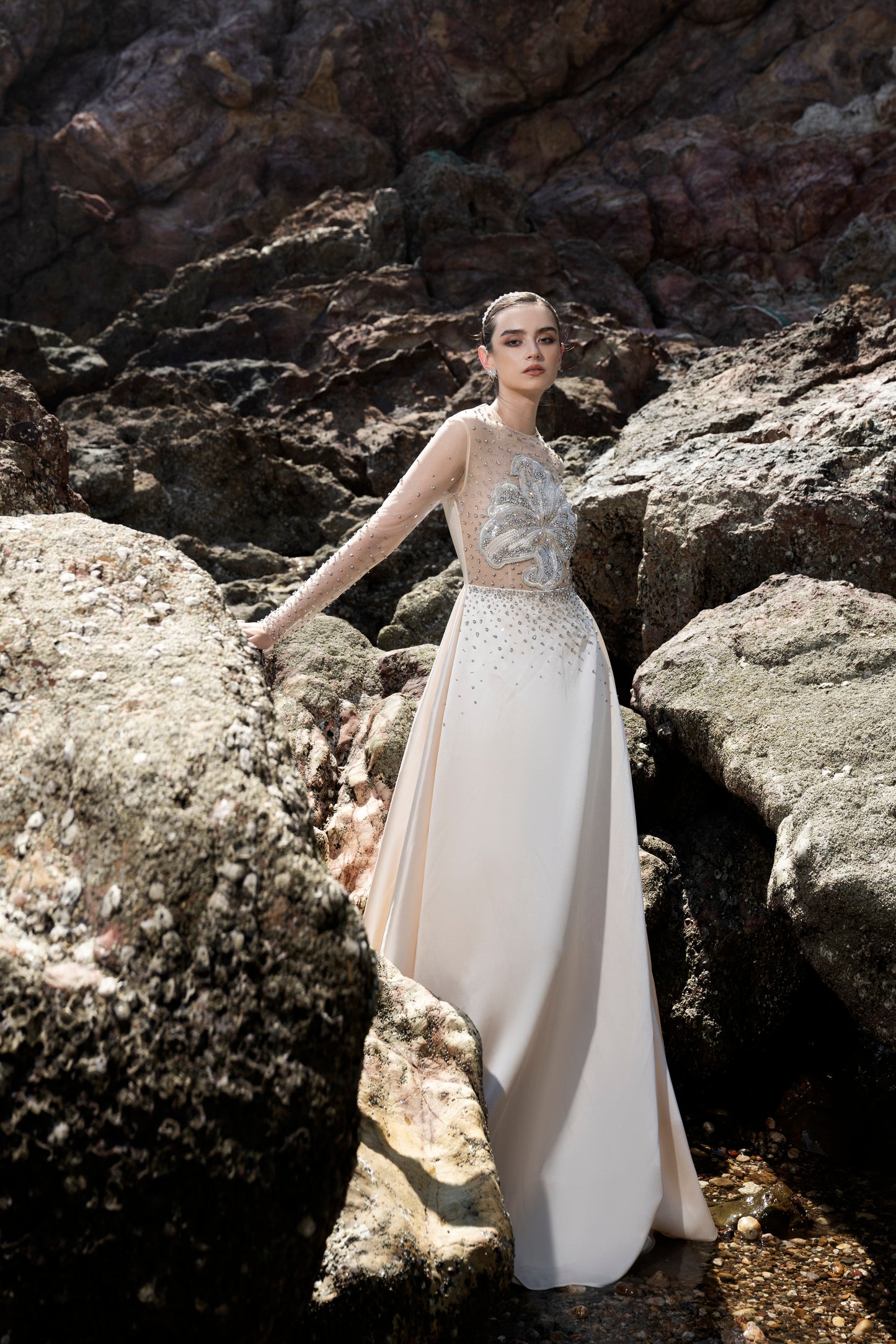 Beaded Long-Sleeve Ivory White Gown with Sheer Illusion Bodice