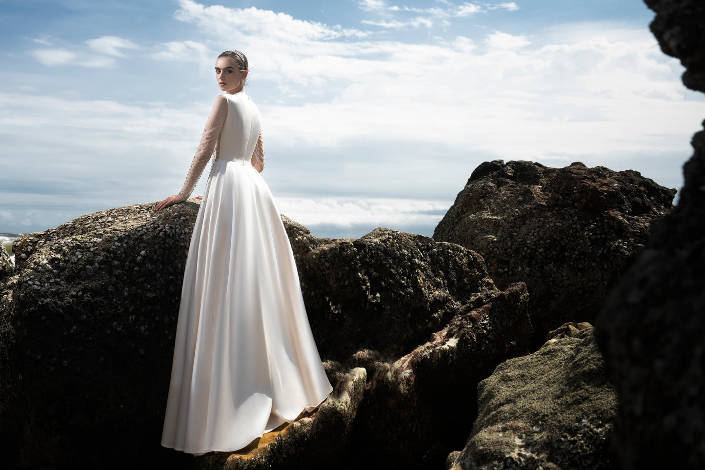 Beaded Long-Sleeve Ivory White Gown with Sheer Illusion Bodice