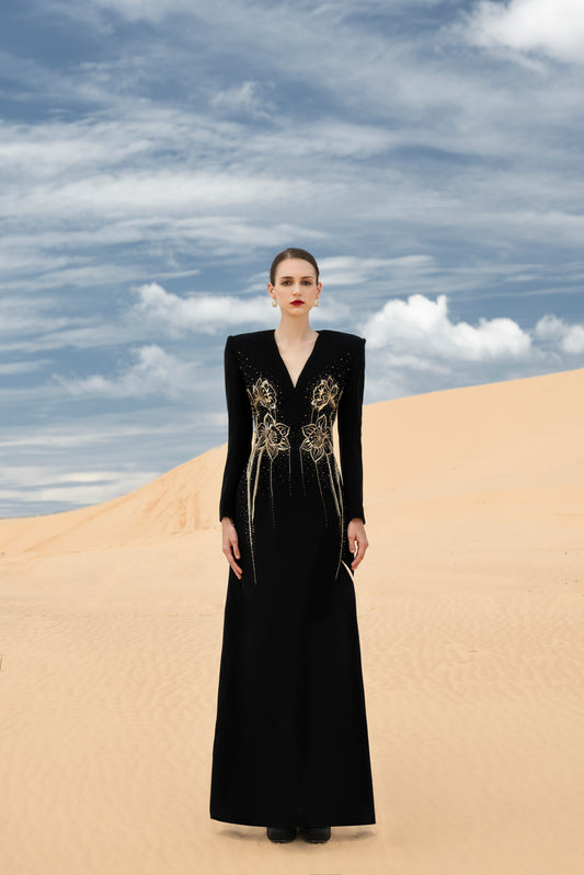 Black Long-Sleeve Gown with Gold Embellished Floral Design and V-Neckline