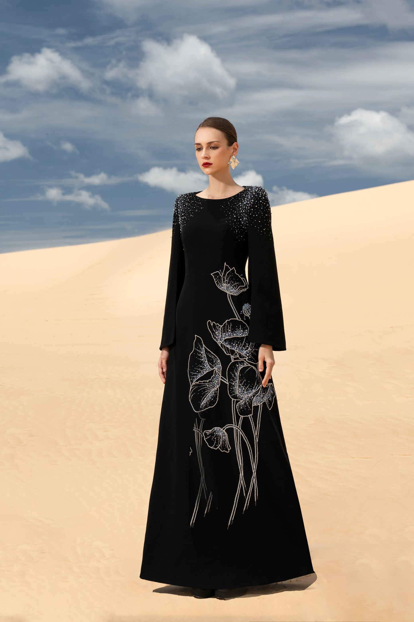 Black Long-Sleeve Gown with Pearl Embellished Shoulders and Floral Embroidery