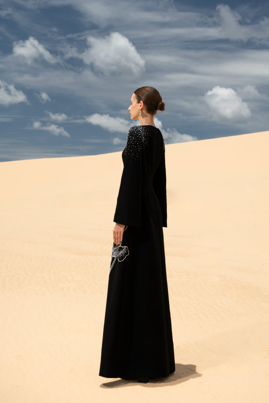 Black Long-Sleeve Gown with Pearl Embellished Shoulders and Floral Embroidery