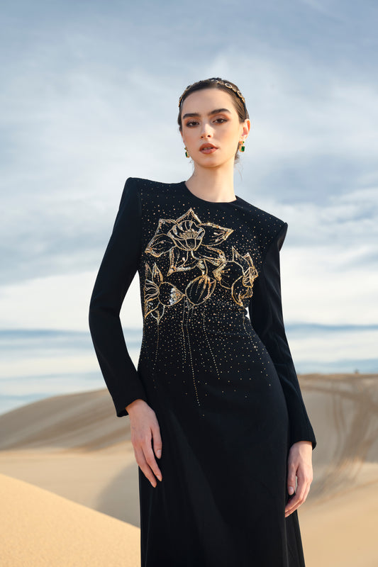 Black Floral Embellished Gown with Gold Detailing and Long Sleeves