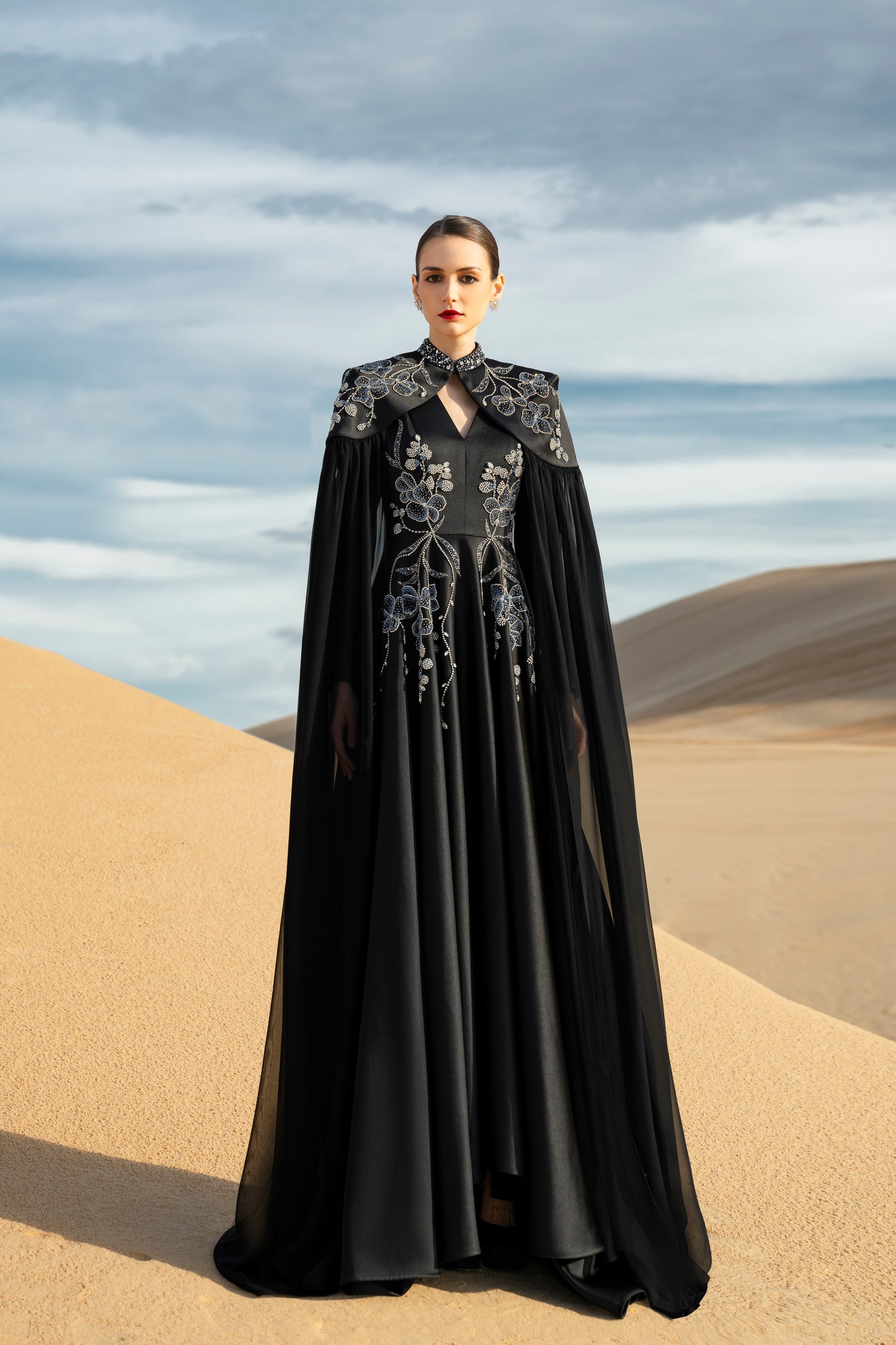 Black Embroidered Cape Gown with Floral Detailing