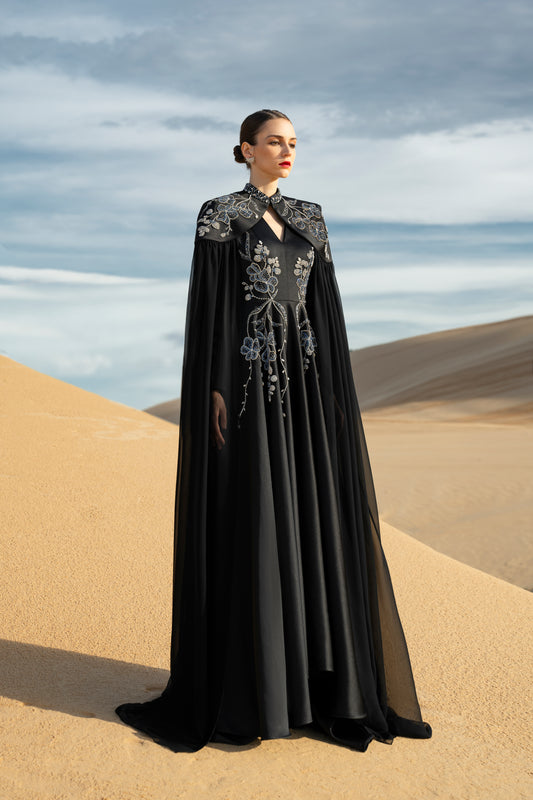 Black Embroidered Cape Gown with Floral Detailing