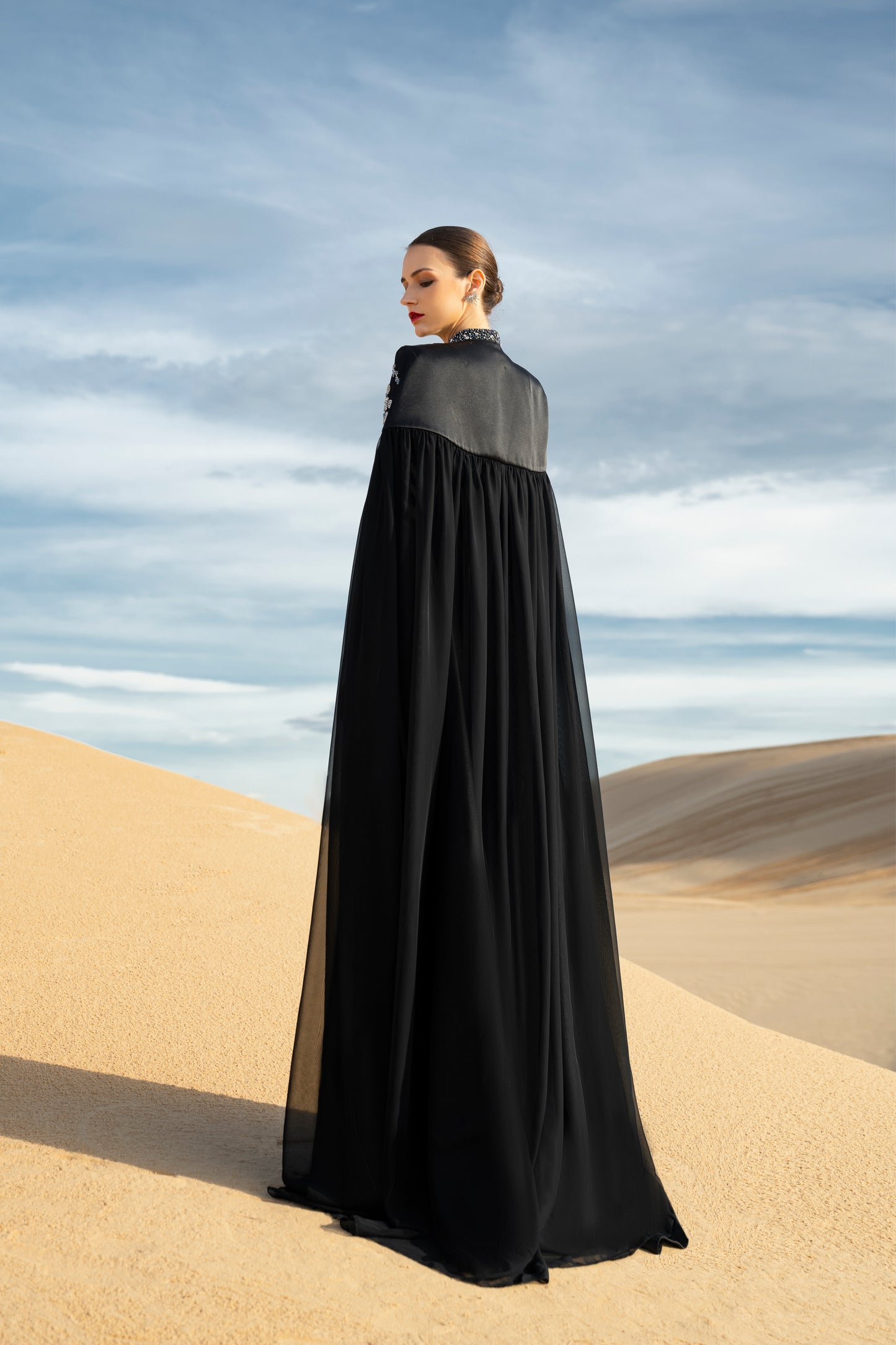 Black Embroidered Cape Gown with Floral Detailing