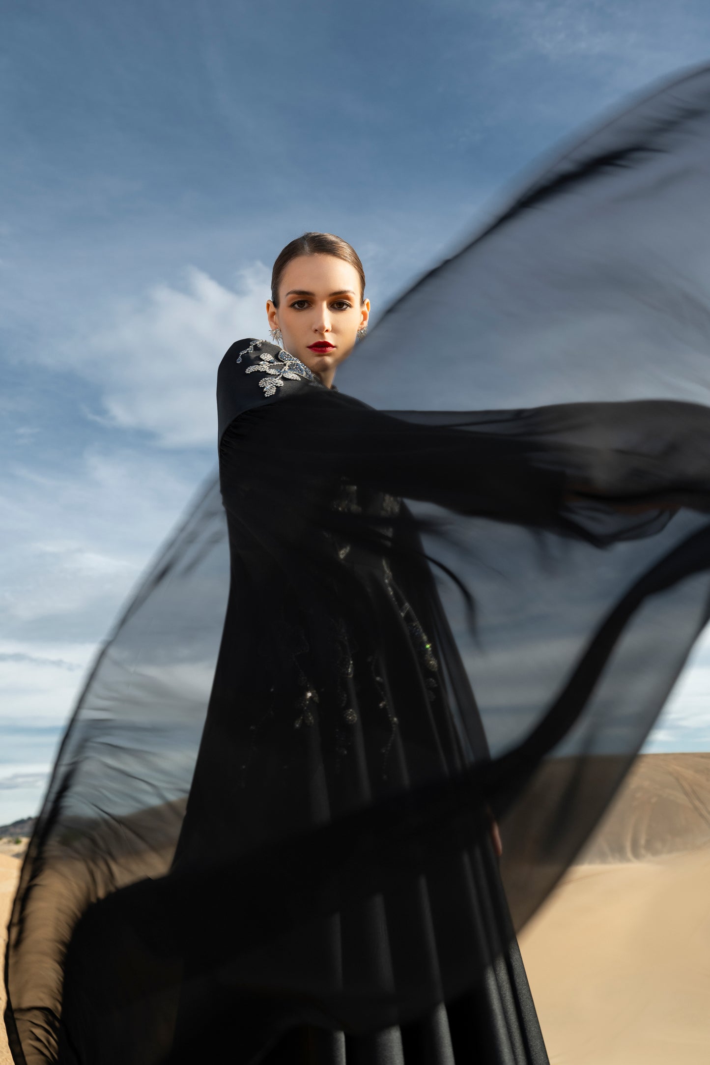Black Embroidered Cape Gown with Floral Detailing