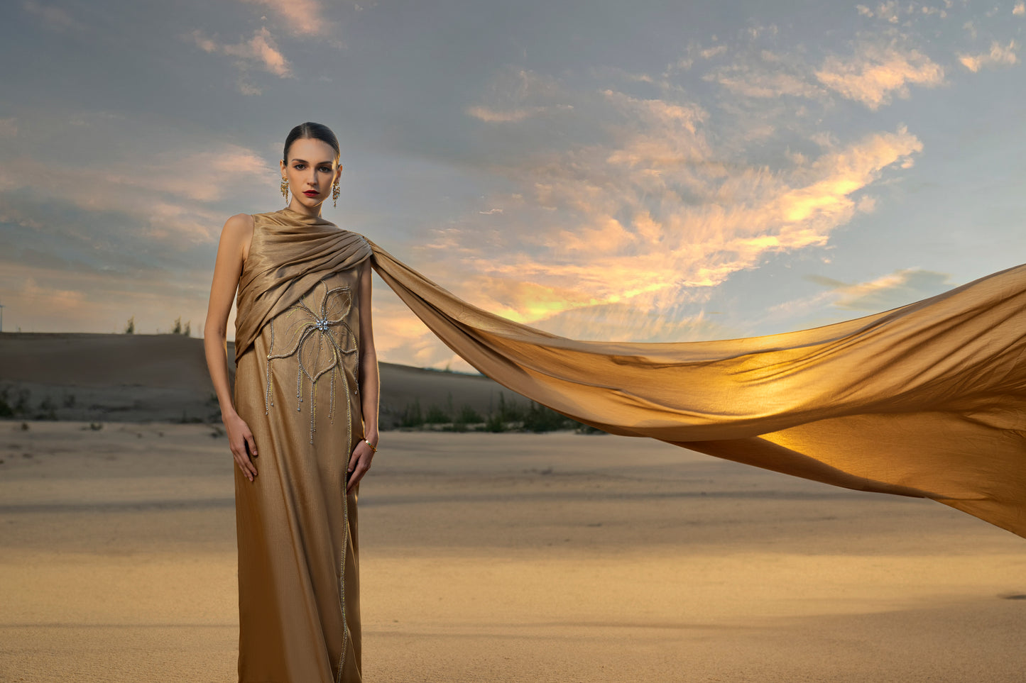 Gold Draped Kaftan Gown with Crystal Floral Embellishment