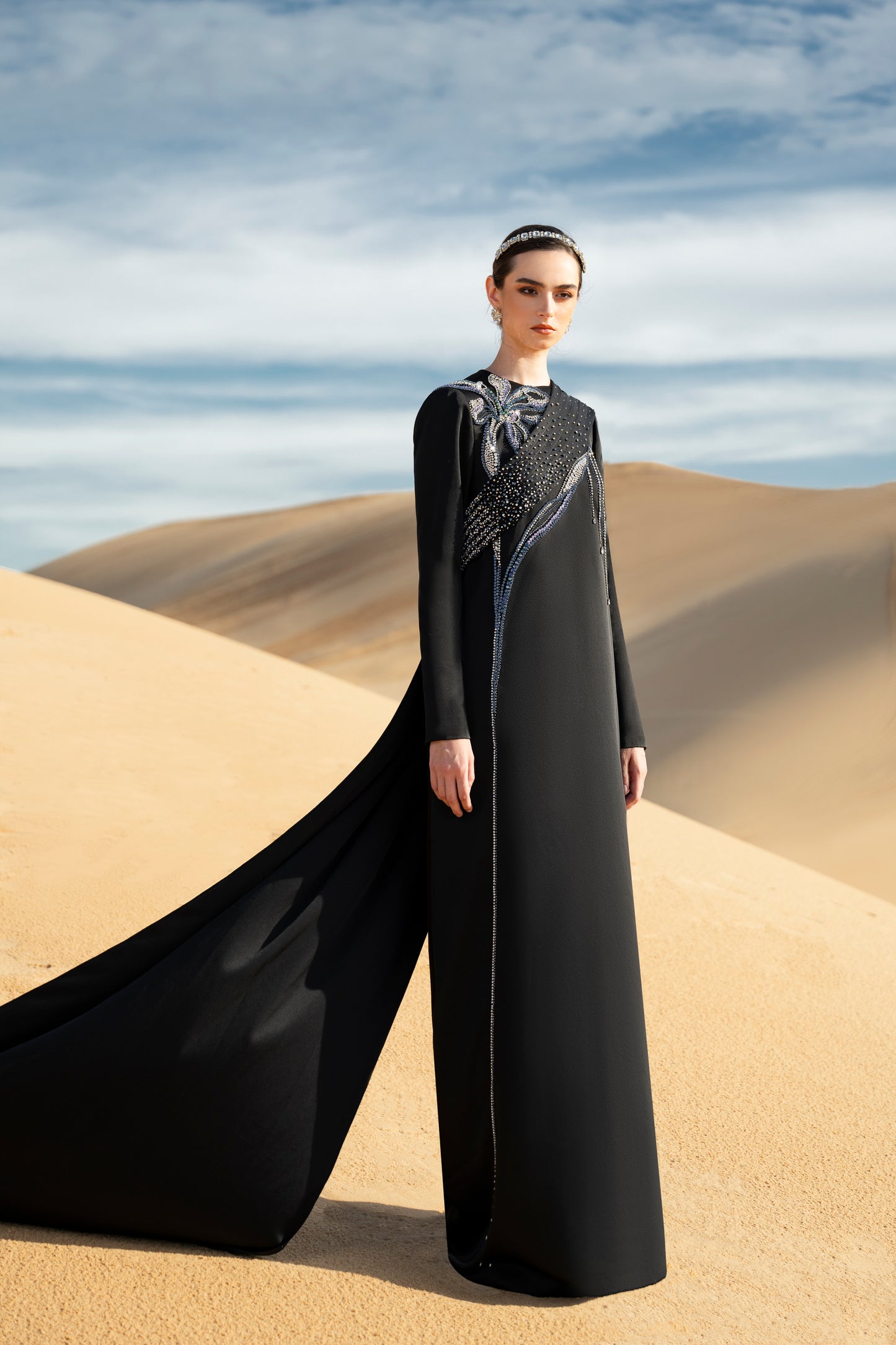 Black Embellished Gown with Silver Beaded Flower and Draped Cape