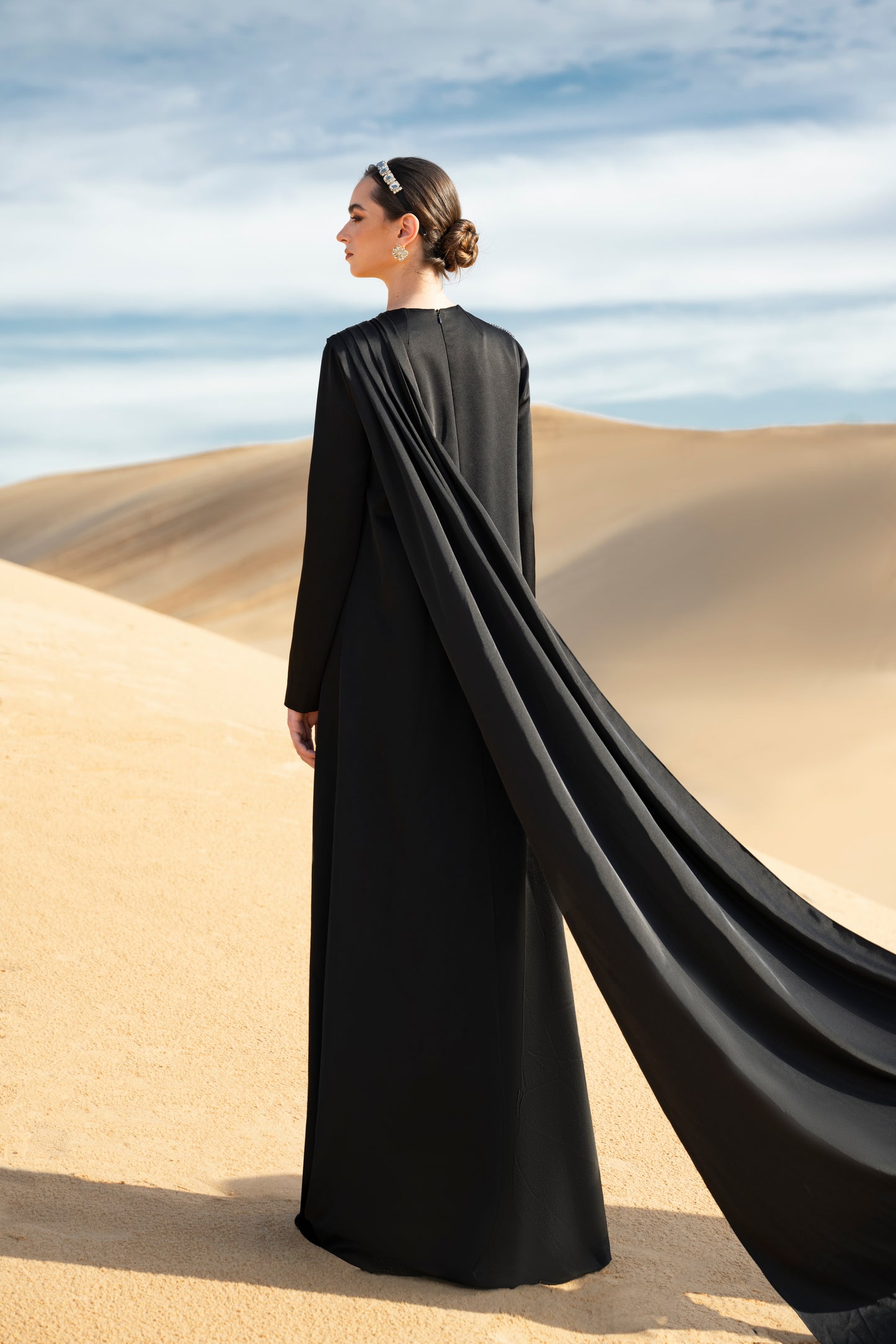 Black Embellished Gown with Silver Beaded Flower and Draped Cape