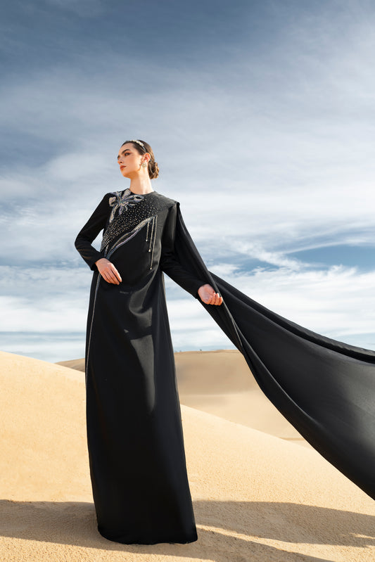 Black Embellished Gown with Silver Beaded Flower and Draped Cape