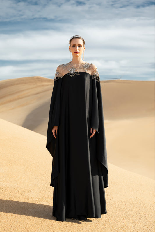 Black Draped Gown with Sheer Embroidered Bodice and Cape Sleeves