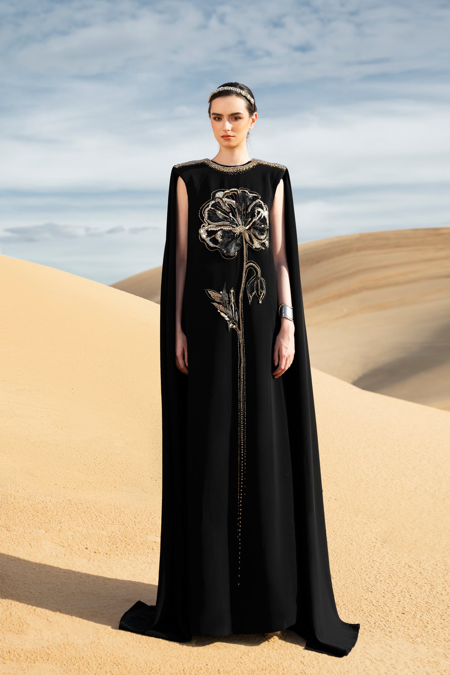 Black Cape Gown with Gold Floral Embroidery and Jewel Accents