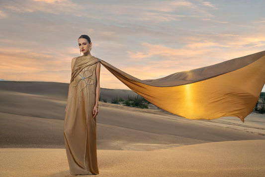 Gold Draped Kaftan Gown with Crystal Floral Embellishment