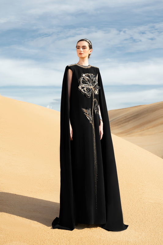 Black Cape Gown with Gold Floral Embroidery and Jewel Accents