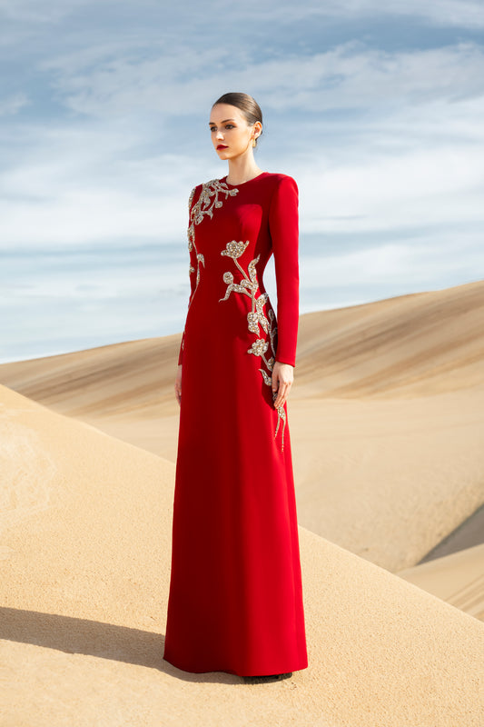 Red Embellished Evening Gown with Gold Appliqué Detailing