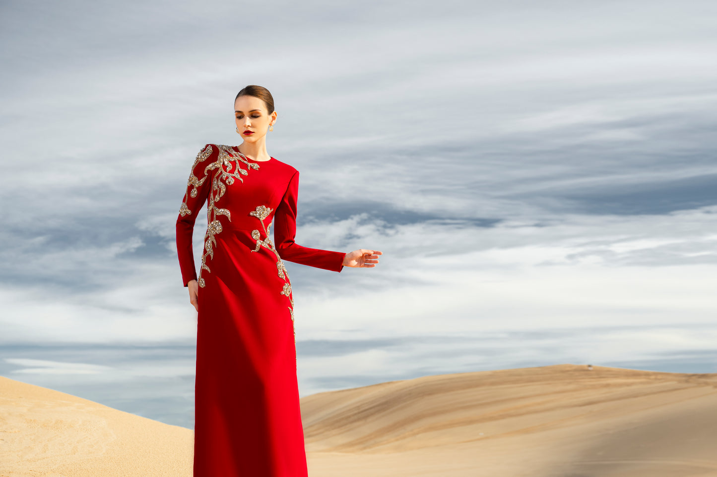 Red Embellished Evening Gown with Gold Appliqué Detailing