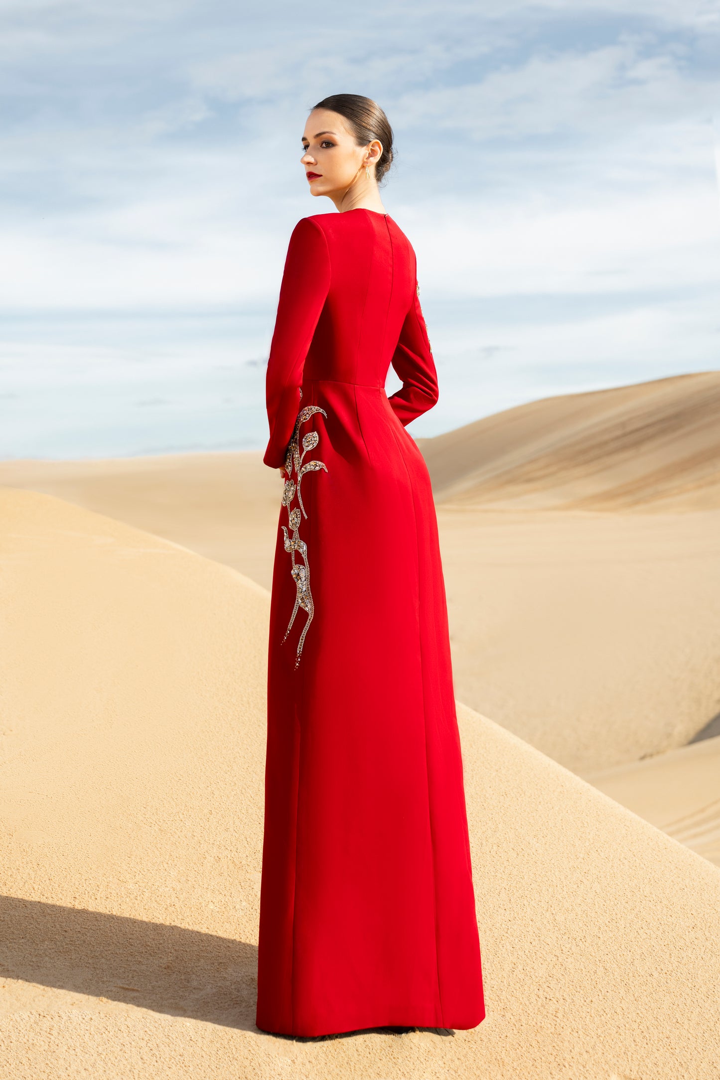 Red Embellished Evening Gown with Gold Appliqué Detailing