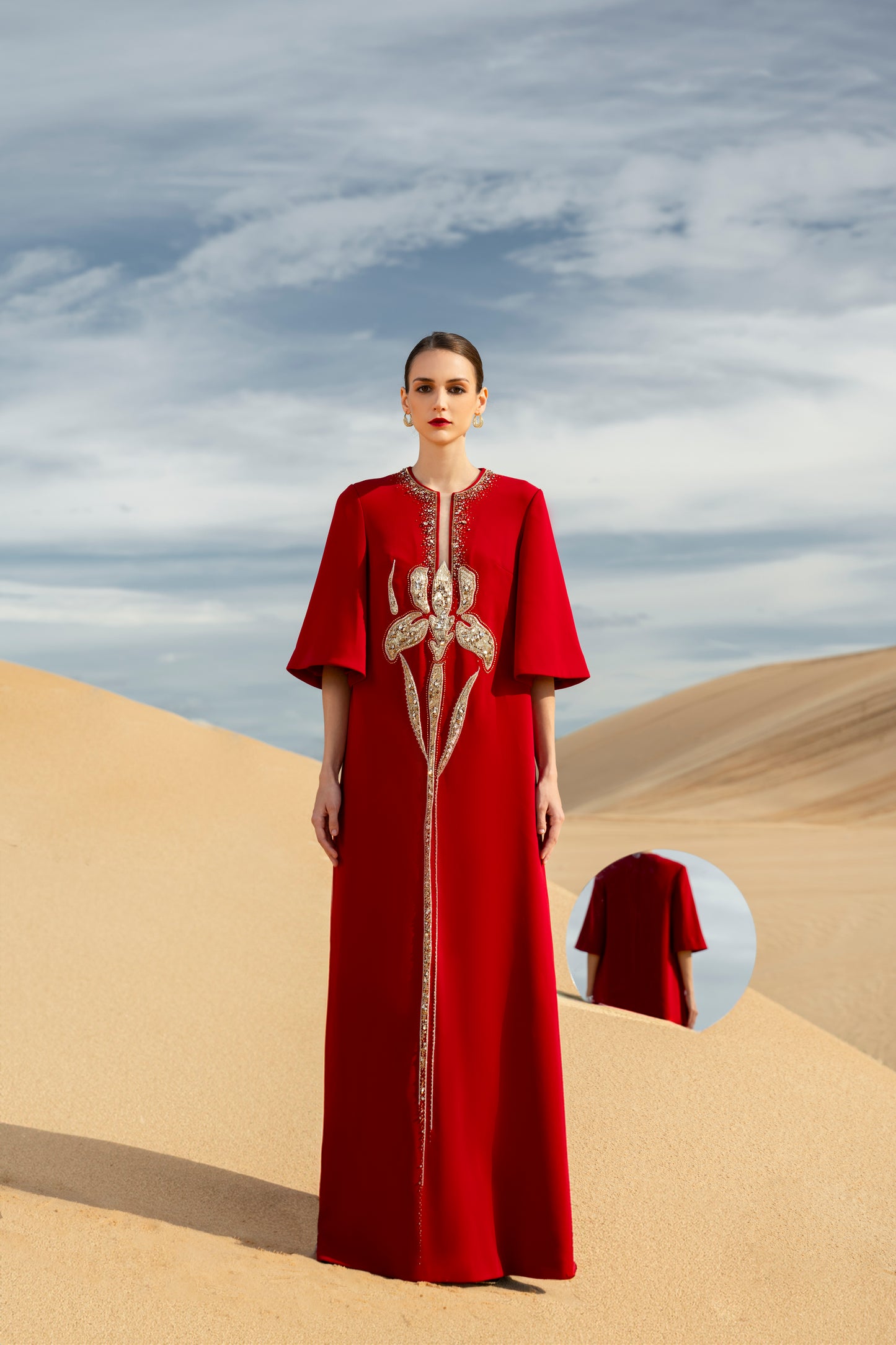 Red Kaftan Gown with Gold Embroidery