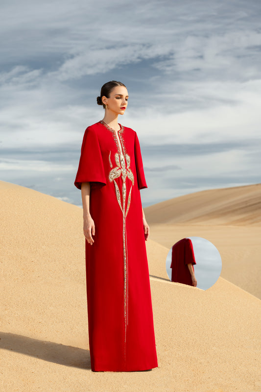 Red Kaftan Gown with Gold Embroidery