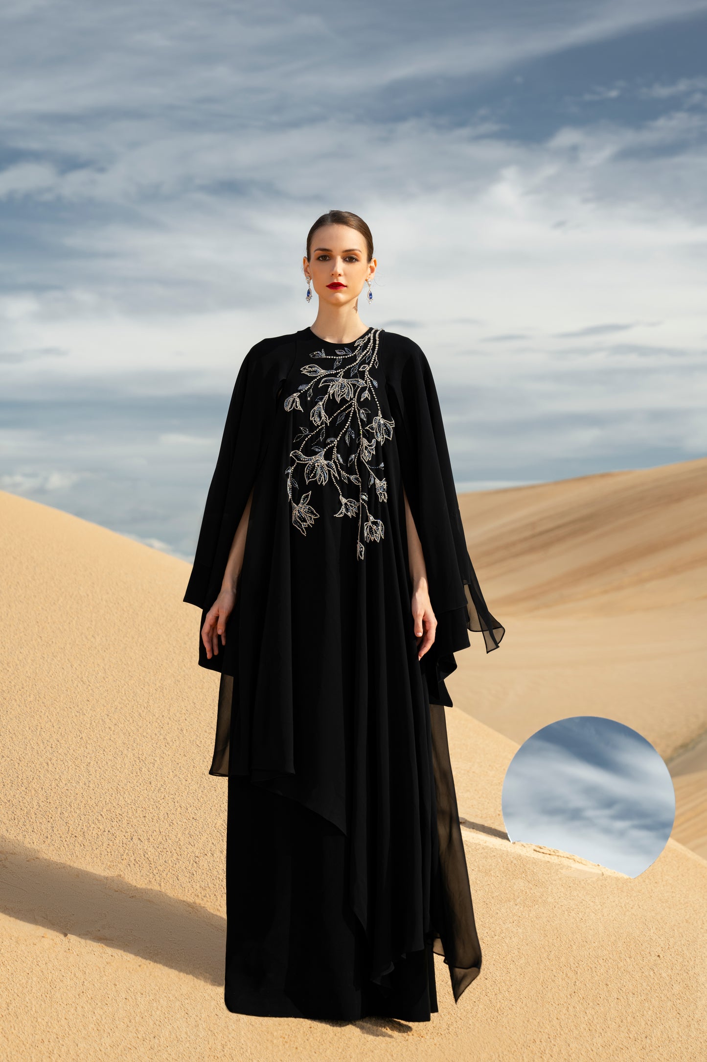 Black Floral Embellished Abaya with Flowing Cape Design