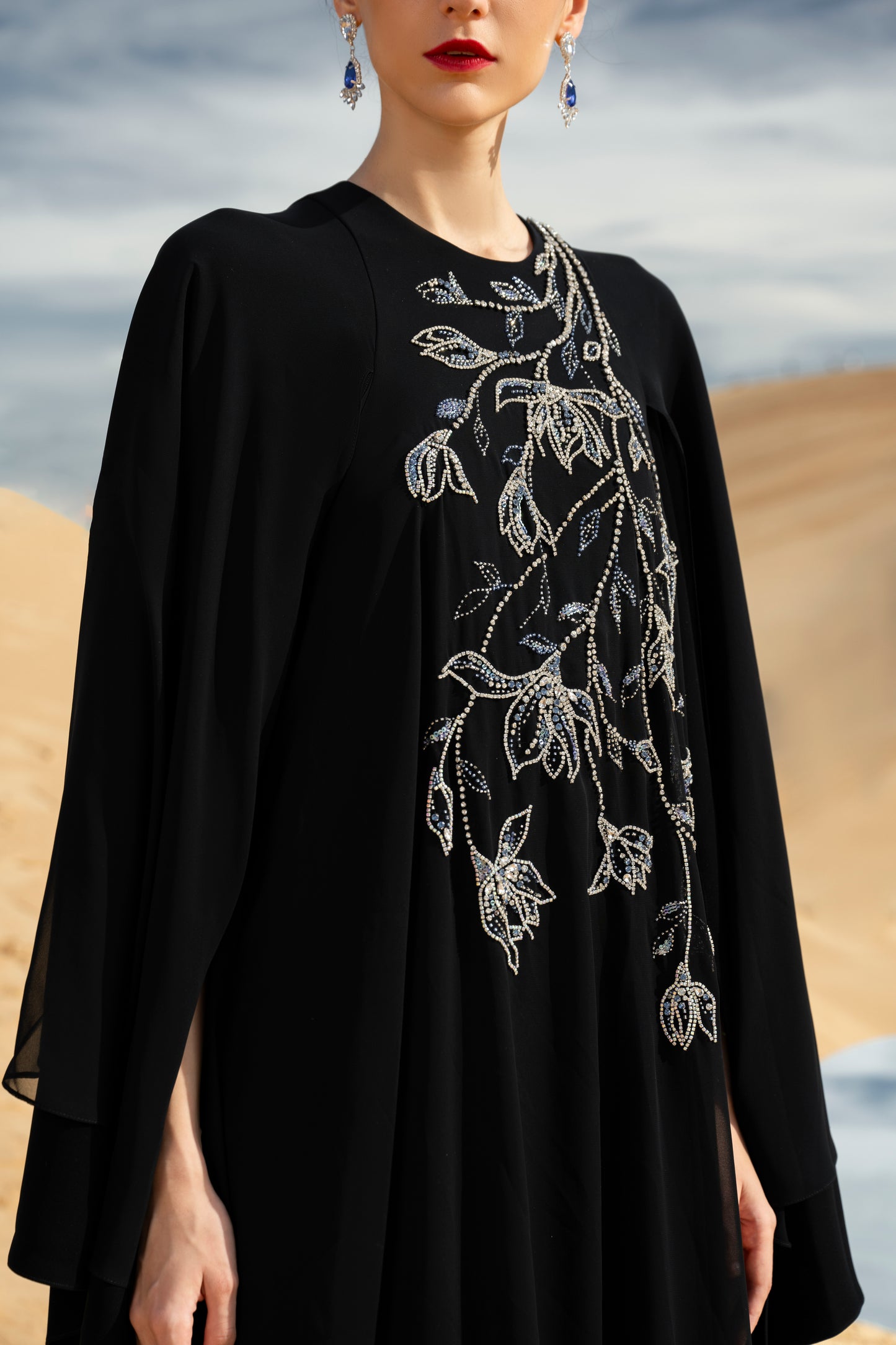 Black Floral Embellished Abaya with Flowing Cape Design