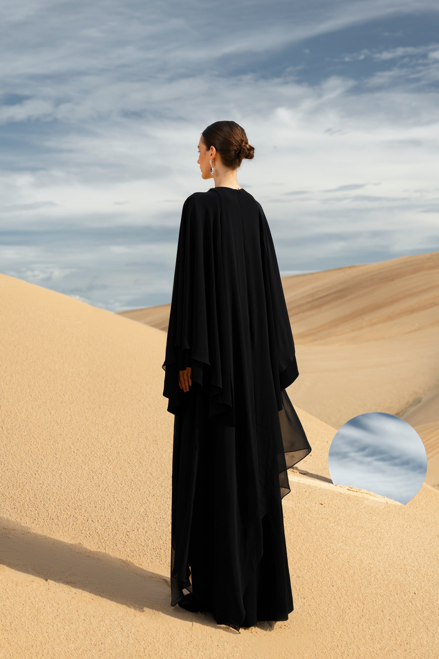 Black Floral Embellished Abaya with Flowing Cape Design